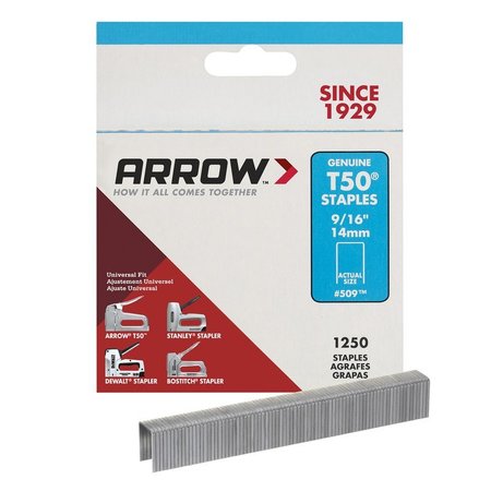Arrow Fastener Heavy Duty Staples, 18 ga, Flat Crown, 9/16 in Leg L, Steel 50924